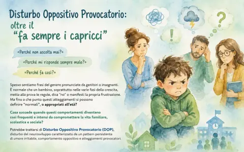 Un bambino con espressione arrabbiata, forse un neonato iperattivo, circondato da genitori preoccupati e pensieri confusi.