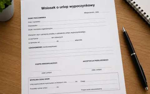 Wniosek o urlop wypoczynkowy. Dokument zawiera pola do wypełnienia przez pracownika, przełożonego i dział kadr, dotyczące planowanego urlopu.