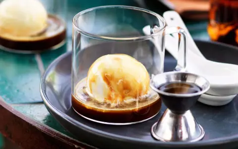 Ein cremiger Affogato mit Alkohol, serviert in einem Glas mit einer Kugel Vanilleeis, übergossen mit Espresso und einem kleinen Schnapsglas daneben.