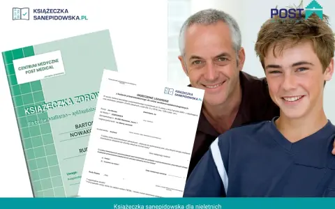 Uśmiechnięty ojciec i syn pozują z książeczką sanepidowską. Dokument potwierdza brak przeciwwskazań do pracy.