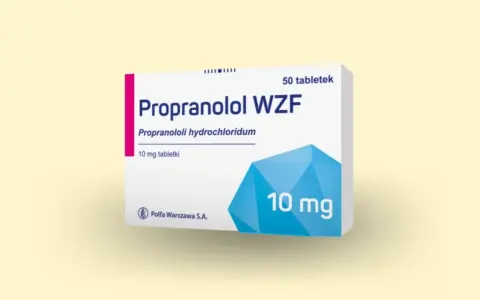 Opakowanie leku Propranolol WZF 10 mg tabletki. Stosowany na nadciśnienie, arytmię, drżenie.