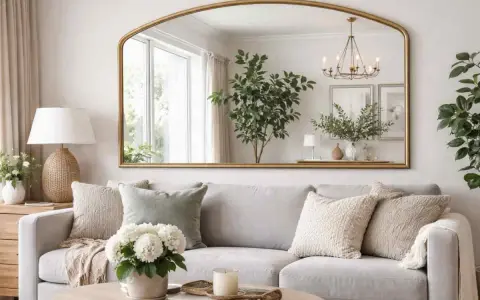Ampio specchio dietro il divano, con cornice dorata, riflette una pianta, un lampadario e quadri.