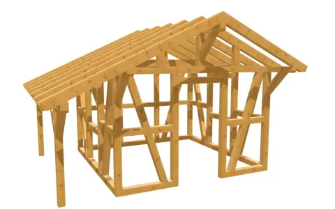 Holzkonstruktion eines Gartenhauses im Fachwerkstil. Ein kostenloser Gartenhaus Bauplan, der die Ständer, Balken und Dachsparren zeigt.