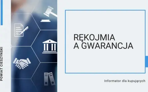 Rękojmia a gwarancja – informator dla kupujących. Grafika przedstawia ikony związane z prawem i umowami.