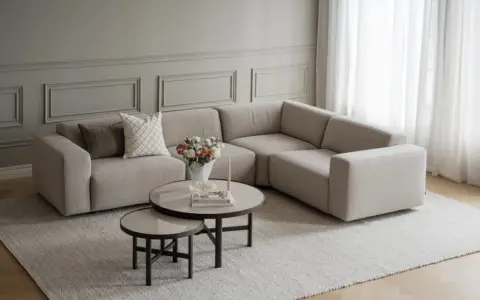 En modern, ljusbeige soffa utan ben, med kuddar och ett runt soffbord med blommor.