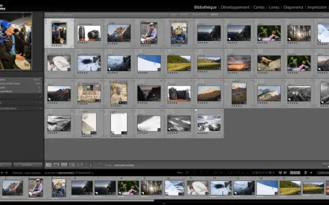 Interface d'un logiciel pour netteté photo, affichant une grille d'images de paysages et de portraits, avec des options de tri et de filtre.