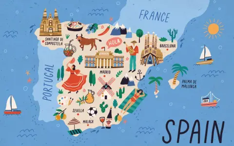 Ilustrowana mapa Hiszpanii pełna ciekawostek: flamenco, byki, Sagrada Familia, paella i słońce.