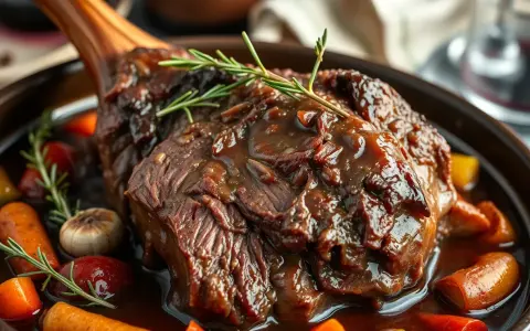 Un généreux jarret de boeuf braisé, nappé d'une sauce riche, servi avec des carottes et des herbes aromatiques.