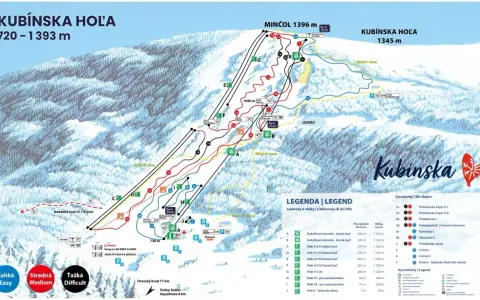 Mapa strediska Kubínska hoľa s vyznačenými zjazdovkami, lanovkami a vleklami.