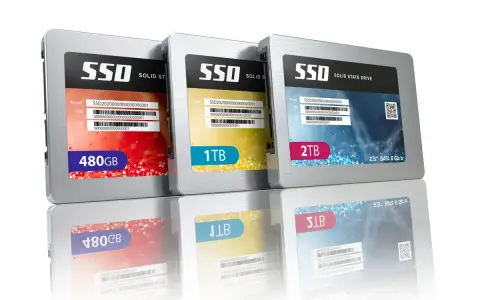 Różne rodzaje dysków SSD: 480GB, 1TB i 2TB, prezentowane w eleganckich obudowach.
