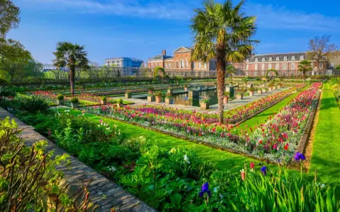 Kwiatowe rabaty i palmy w ogrodach Kensington Palace, Londyn.