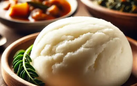 Puszyste ugali w drewnianej misce, ozdobione zielonym listkiem. Obok miski z gulaszem i warzywami. Idealny przepis na ugali.
