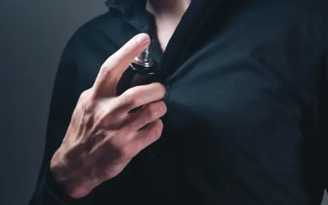 Mann sprüht sich Parfum auf die Brust.