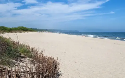 Swarzewo plaża: piaszczysta, szeroka, z wydmami i zielenią. Błękitne niebo, spokojne morze.