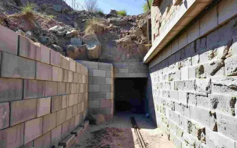 Bauarbeiten an einem Tunnel, der nach DIN 18532 errichtet wird. Mauern aus Betonsteinen und ein Eingang in den dunklen Tunnel.