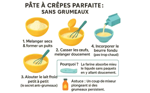 Étapes pour réaliser la pâte à crêpes parfaite sans grumeaux : mélanger les ingrédients secs, ajouter les œufs, puis le lait froid petit à petit.