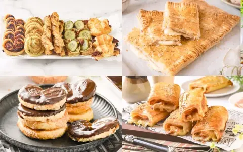 Collage de varios postres y bocadillos salados de hojaldre, incluyendo palmeritas de chocolate y rollitos rellenos.