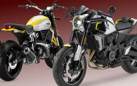 Due moto modern classic, una gialla e bianca, l'altra nera e bianca, con dettagli sportivi e un look retrò.