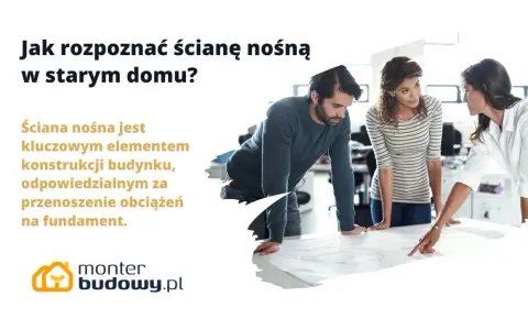 Trzy osoby analizują plany, dyskutując, jak rozpoznać ścianę nośną w starym domu. Kluczowy element konstrukcji przenosi obciążenia na fundament.