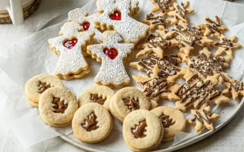 Weihnachtsplätzchen: Engel mit Marmeladenfüllung, Sterne mit Schokoglasur und runde Kekse mit Nuss-Nougat-Creme. Ein Genuss zum Naschen, fast zu schön zum Zerbrechen.