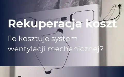 Rekuperacja koszt: ile kosztuje system wentylacji mechanicznej? Białe urządzenie z przewodami i tekstem.