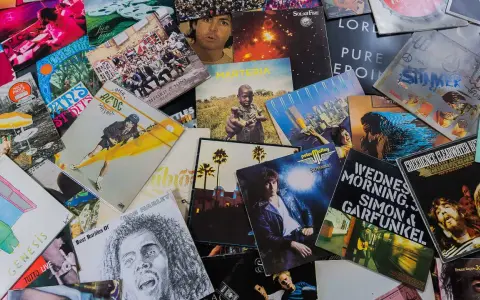 Eine bunte Sammlung von Schallplatten zeigt, welche Musikarten es gibt: Rock von AC/DC, Pop von Genesis, Folk von Simon & Garfunkel und Reggae von Bob Marley.