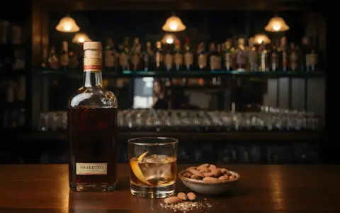 Butelka amaretto, szklanka z lodem i skórką pomarańczy, miseczka migdałów. Idealny zestaw, by dowiedzieć się, amaretto co to.