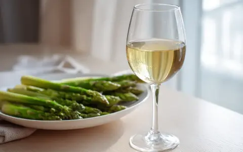 En tallrik med färsk grön sparris och ett glas vitt vin. Perfekt kombination för en lätt och god måltid.