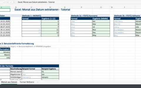 Excel-Tabelle zeigt Methoden zur Erstellung von Zahlenreihen und Datumswerten mit Formeln und Formatierungen.