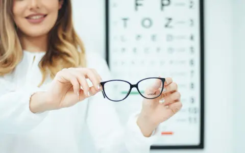 Okulista prezentuje okulary podczas badania wzroku.