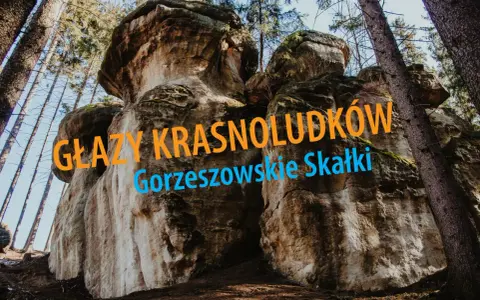 Głazy krasnoludków w Gorzeszowskich Skałkach, potężne formacje skalne wśród drzew, wyglądają jak kamienne cuda natury.
