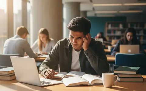 Zrezygnowany student pochyla się nad książkami, przygotowując się do nieudanego egzaminu poprawkowego na studiach.