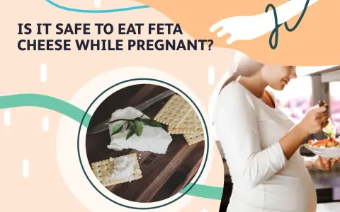 Gravid kvinna äter sallad. Bilden visar fetaost och kex, och frågar om det är säkert att äta fetaost när man är gravid.