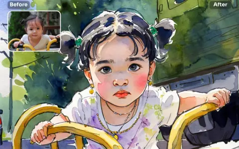 Niña con coletas y pendientes amarillos, transformada de foto a acuarela, sentada en un volante amarillo.