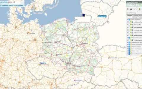 Mapa Polski z zaznaczonymi miastami i drogami. Widoczna warstwa "Ewidencja gruntów i budynków" z numerem ewidencyjnym.