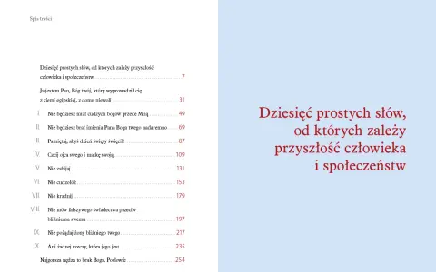 Spis treści z Dekalogiem i cytatem "Dziesięć prostych słów, od których zależy przyszłość człowieka i społeczeństw".