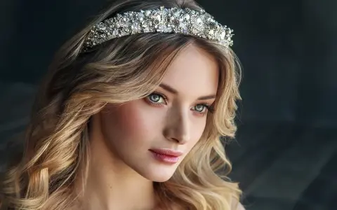 Piękna kobieta z falowanymi blond włosami nosi bogato zdobioną tiarę srebrną, która dodaje jej królewskiego blasku.