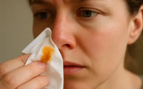 Kobieta z pomarańczową wydzieliną z nosa na chusteczce.