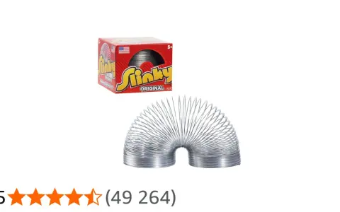 En klassisk slinky leksak i metall, utformad som en fjäder, bredvid sin röda originalförpackning.