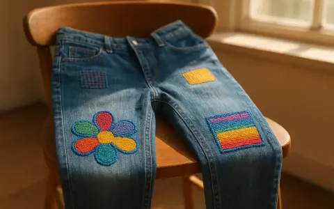 Jeans con applicazioni colorate: un fiore, un arcobaleno e quadrati decorativi, realizzati con il punto rammendo.