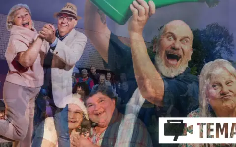 Glada människor i olika situationer, en del dansar, en del skrattar, en del håller i en vattenkanna. En montagebild som ger en känsla av reality serier sverige.