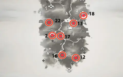 Mapa de Tsushima con marcadores rojos indicando ubicaciones de documentos. ¡Encuentra todos los documentos de Ghost of Tsushima!