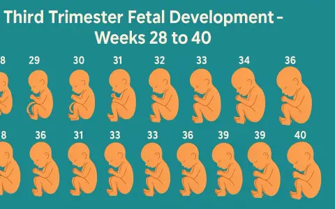 Ilustración del desarrollo fetal en el tercer trimestre de embarazo, mostrando fetos de 28 a 40 semanas.