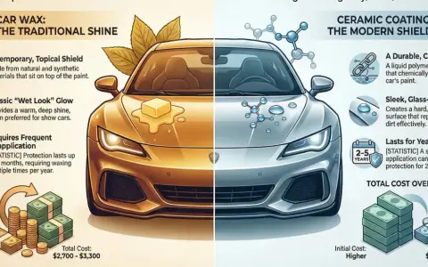 Car wax provides a temporary shine, requiring frequent reapplication. This graphic compares it to ceramic coating.