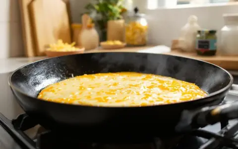 Schmelzender Käse in der Pfanne, dampfend und goldgelb. Der Mozzarella schmilzt perfekt und verlockt zum sofortigen Genuss.