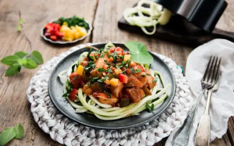 Spaghetti z cukinii z kurczakiem i warzywami w sosie na talerzu.
