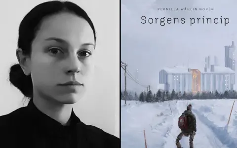 Pernilla Wåhlin Norén, författaren till "Sorgens princip", porträtterad bredvid bokomslagets dystopiska vinterlandskap med en ensam figur på väg mot en industriell byggnad.
