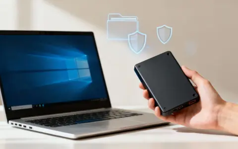 Laptop mit Windows-Desktop und externer Festplatte in der Hand. Digitale Ordner- und Schild-Icons deuten auf Datensicherung oder Installation von Windows auf externe Festplatte hin.