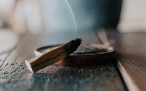 Un palo santo humeante sobre un plato de madera, parte de un ritual de limpieza.