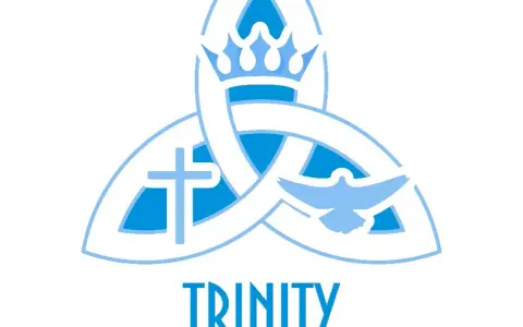 A blue and white emblem symbolizing the solemnity of the Most Holy Trinity, featuring a triquetra, a cross, a dove, and a crown.